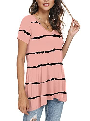 POPYOUNG Women's Plus Size Long Tunic Tops to Wear with Leggings Summer Short Sleeve Loose Fit Dressy Shirts M-5XL 5XL, Stripe Red - Image 2