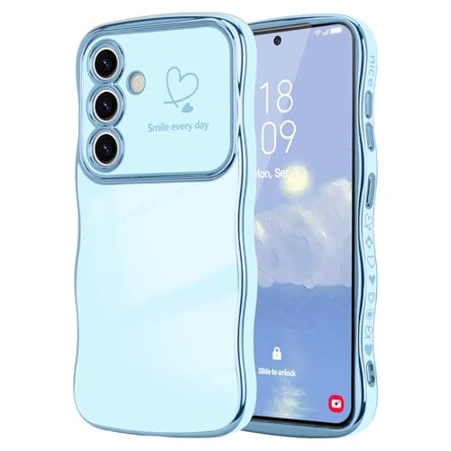 LCHULLE for Samsung Galaxy S24 Plus Case for Women Girls, Cute Wave Frame Curly Shape with Love Heart Camera Protection Cover Luxury Plating Shockproof Phone Case for Galaxy S24 Plus 5G, Baby Blue - Image 1