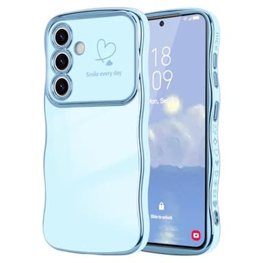LCHULLE for Samsung Galaxy S24 Plus Case for Women Girls, Cute Wave Frame Curly Shape with Love Heart Camera Protection Cover Luxury Plating Shockproof Phone Case for Galaxy S24 Plus 5G, Baby Blue - Image 1
