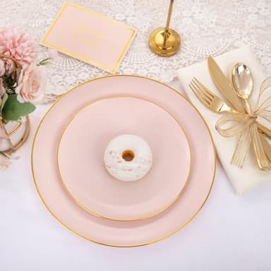PULOTE 100PCS Pink Plastic Plates - Heavy Duty Pink and Gold Disposable Plates for Party, Wedding & Mother’s Day, Include 50 Dinner Plates and 50 Dessert Plates - Image 3