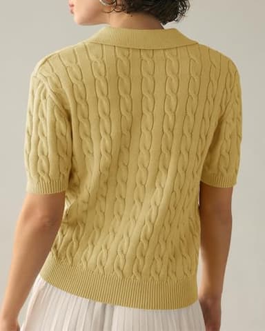Imily Bela Women's Cable Short Sleeve Sweaters Tops Solid Lapel V Neck Knit Casual Soft Pullover Shirt Yellow - Image 3