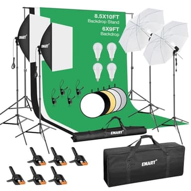 EMART 8.5 x 10 ft Backdrop Support System, Professional Photography Lighting Kit with 50W LED Blub, 6 * 9ft Backdrop *3, Reflector,Umbrellas&Softbox Lighting Kit for Studio, Portrait, Video Shooting - Image 1