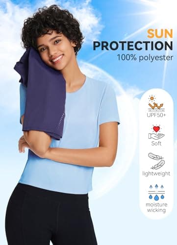 baleaf Women's Workout Tops Athletic Shirts Cropped Short Sleeve Split Back Running Gym Quick Dry Sun Protection UPF 50+ Light Blue M - Image 3