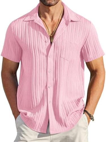 COOFANDY Men's Casual Button Down Shirts Short Sleeve Textured Summer Beach Shirt with Pocket - Image 2