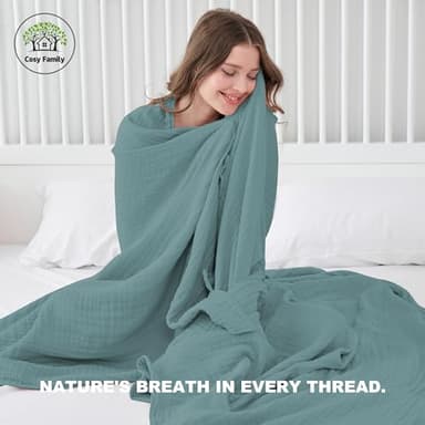 Cosy Family 100% Cotton Muslin Bed Blanket - Breathable and Lightweight Gauze Boho Blanket for Spring, Green, 80x90 Inches - Image 3
