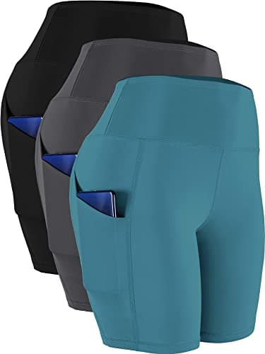 CADMUS Women's High Waist Spandex Yoga Shorts for Bike Running Two Side Pockets,10,Black & Grey & Turquoise,Large - Image 1