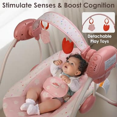Baby Swings for Infants, Tiny Marvels Portable Swing with Adaptable Speed, Music, Removable-Toy-Bar, Foldable Infant Swing for Indoor and Outdoor Use, 0-9 Months 6-20 lbs(Blush Bloom) - Image 5