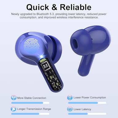 Wireless Earbuds, Bluetooth 5.4 Headphones HiFi Stereo, Bluetooth Earbuds with ENC Noise Cancelling Mic, IP7 Waterproof in Ear Earphones, 48H, LED Display Ear buds for Pad Workout Sports, Blue - Image 2