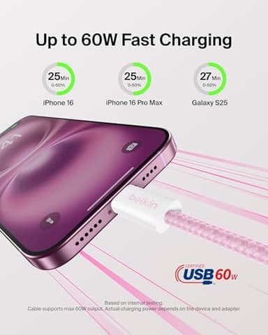 Belkin USB C to USB C Cable 2-Pack, 6.6ft, 60W - Type C Charger, iPhone Charger Cord, Soft, Braided, Flexible for iPhone 16, Galaxy S25, Pixel 9, Airpods, iPad Pro & More, Travel Essentials - Pink - Image 2