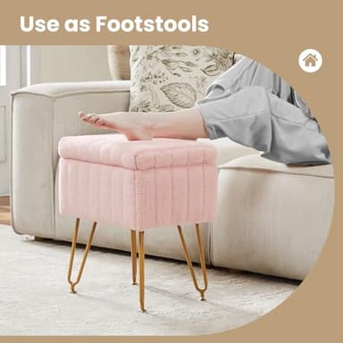DUMOS Vanity Stool Chair, Ottoman with Storage, Makeup Cute Soft Small Footstool, Modern Style Faux Fur Seat with 4 Metal Legs & Adjustable Feet for Dressing, Living Room, Bedroom, Dorm, Pink - Image 5
