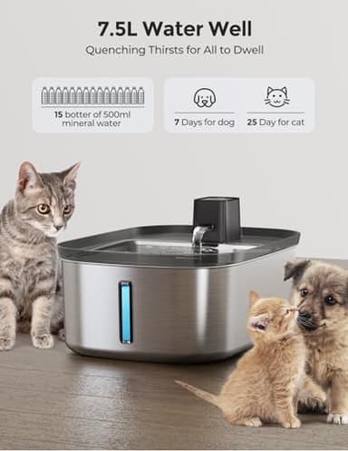 Wireless 7.5l/254oz/2Gal Dog Water Fountain for Large Dogs Stainless Steel, Quiet Pet & Cat Water Fountain with Motion Sensor, Automatic Water Dispenser for Dogs&Multi-Pet Homes Continuous Fresh Flow - Image 4