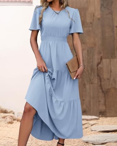 PRETTYGARDEN Women's Summer Casual Short Flutter Sleeve Round Neck Smocked Waist Tiered Boho Floral Flowy Maxi Dress(Solid Sky Blue,Medium) - Image 8