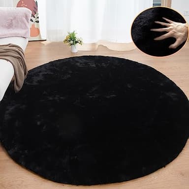 ORINOVA Black Round Rugs 8ft Machine Washable Rabbit Fur Area Rug Large Circle Rugs for Bedroom Faux Sheepskin Rug Cushion Living Room Décor - Image 1