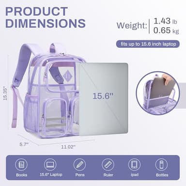 ASKSKY Clear Backpacks for School Heavy Duty Clear Bookbag Stadium Events Transparent Back Pack Girls Women, Purple - Image 3