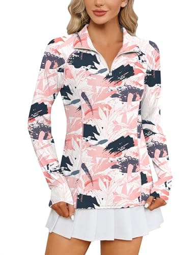 LOMON Women Long Sleeve Shirts Sun Protection 1/4 Zip Summer Quick Dry Hiking Shirts Quarter Zip Pullover Pink Leaves L - Image 1