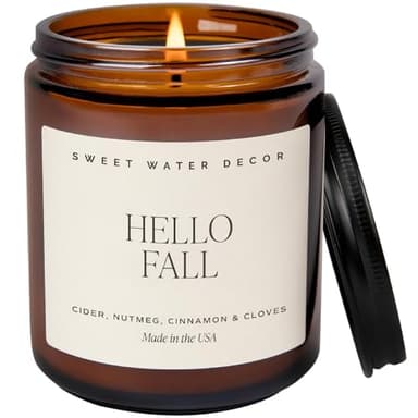 Sweet Water Decor Hello Fall Soy Candles - Fall Candle with Hot Cider, Cinnamon, Cloves, and Nutmeg Scent for Home - Soy Candle with 40 Hours Burn Time - 9Oz Black Lid Amber Jar Candles Fall Scents - Image 1