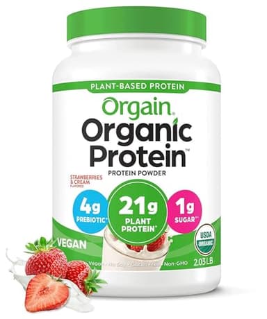 Orgain Organic Vegan Protein Powder, Strawberries & Cream - 21g of Plant Based Protein, Low Net Carbs, Gluten/ Lactose Free, No Sugar Added, Soy Free, Non-GMO, 2.03 Lb - Image 1
