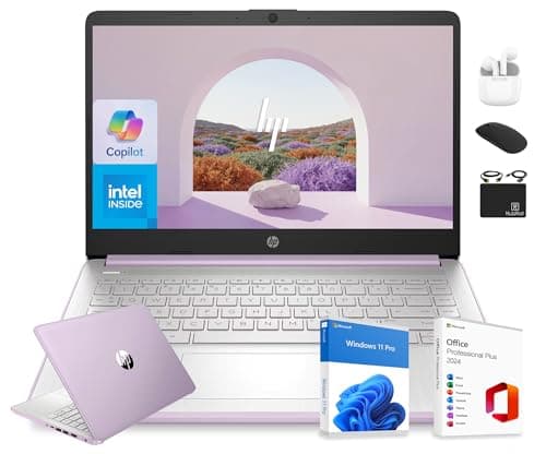 HP 14” Flagship Laptop 2025 AI-Powered Computer, Office Lifetime, Student Business, 4-Core Intel CPU, 16GB RAM 628GB Storage (128GB UFS+ 500GB Ext), Long Battery HubxcelAccessory Win 11 Pro Lavender - Image 1