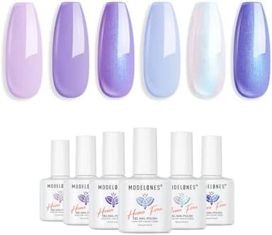 modelones Gel Nail Polish Set, 6 Colors White Blue Shimmer Violet Mermaid Hema Free Purple Summer Glitter Periwinkle Nails Soak Off Led Nail Gel Polish for Women Girl DIY Nail Art Gift - Image 3