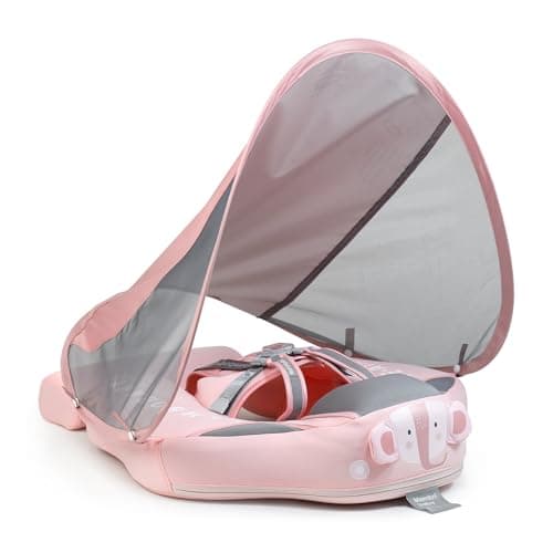 Mambobaby Baby Swim Float with Canopy & Tail Infant Pool Float Non-Inflatable Toddler Swim Float with Skin-Friendly Material for 3-24 Months Baby Boys Grils Elephant Pink - Image 1
