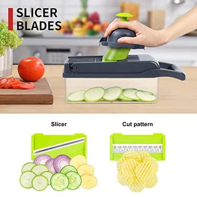 Vegetable Chopper Mandoline Slicer,Veggie Chopper, Multifunctional 10 in 1 Food Choppers, Kitchen Vegetable Slicer Dicer Cutter,Onion Mincer,Cheese,Colander Basket,Kitchen Gadgets (Gray/Green) (Grey) - Image 5