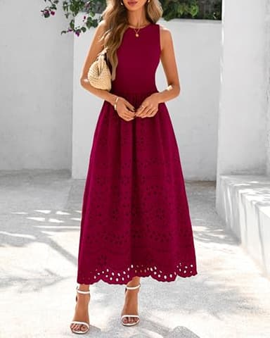 dowerme Women Summer Dresses 2025 Casual Sleeveless Crewneck A-Line Boho Lace Eyelet Cotton Tank Maxi Dress with Pockets(Wine Red,Small) - Image 8