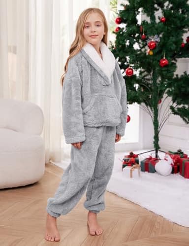 Gihuo Girls Fleece Pants Sets Fuzzy 2 Piece Outfits Lapel Collar Pullover Sweatshirt Set Sweatsuit 5-12Y (LightGrey, 7-8 Years) - Image 6