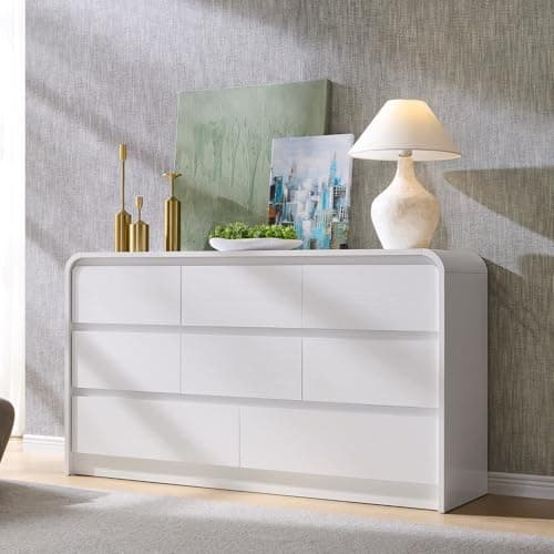 Aitjunz Modern 8 Drawers Dresser for Bedroom, 55" Wide Dressers & Chest of Drawers w/Curved Profile Design, Wood Mid Century Storage Dressers Organizer for Bedroom, Living Room, White - Image 1