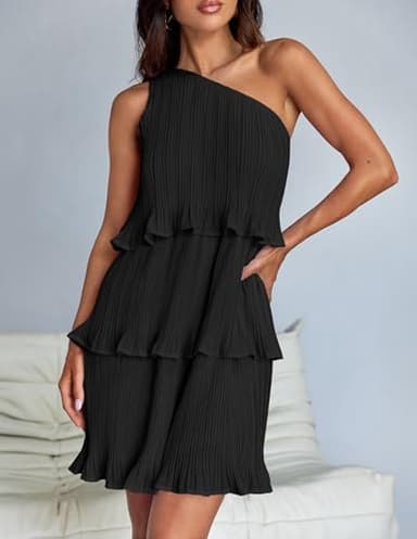ZESICA Women's 2025 Summer Sleeveless Mini Dress Boho One Shoulder Ruffle Tiered Layered Flowy A Line Dresses,Dark Black,Large - Image 2