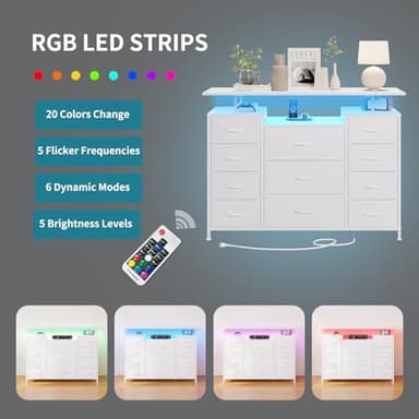 LUMTOK 11 Drawers Dresser with Fabric Drawers,Charging Station, LED Lights and Shelves for Bedroom Storage Organization - Image 6