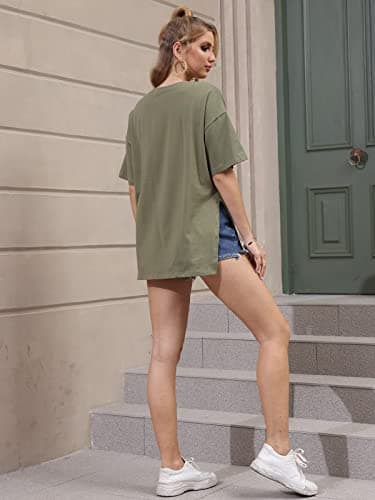 VNIRA Oversized T Shirt for Women Losse Fit Cotton Short Sleeve Workout Top Summer Casual Blouse Basic Split Hem Tee Tops Army Green - Image 4