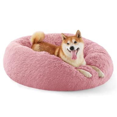 Bedsure Calming Dog Bed for Medium Dogs - Donut Washable Medium Pet Bed, 30 inches Anti-Slip Round Fluffy Plush Faux Fur Cat Bed, Fits up to 45 lbs Pets, Mauve Blush - Image 1