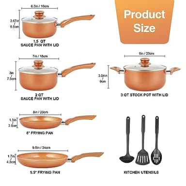 M MELENTA Pots and Pans Set Ultra Nonstick, Pre-Installed 11pcs Cookware Set Copper with Ceramic Coating, Stay cool handle & Nylon Kitchen Utensils, Gas/Induction Compatible, 100% PFOA Free - Image 2