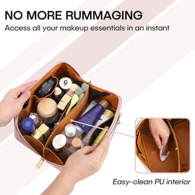 ALEXTINA Travel Makeup Bag, Vegan Leather Large Capacity Cosmetic Bags for Women,Waterproof Portable Pouch Open Flat Toiletry Bag Makeup Bag Organizer with Fixed Divider, Pink - Image 3