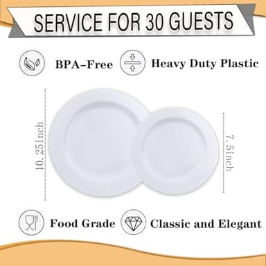 FLOWERCAT 60PCS White Plastic Plates - Heavy Duty White Disposable Plates for Birthday Party/Wedding -serve for 30 guests Include 30PCS 10.25" Dinner Plates & 30PCS 7.5" Dessert Plates for Party - Image 2