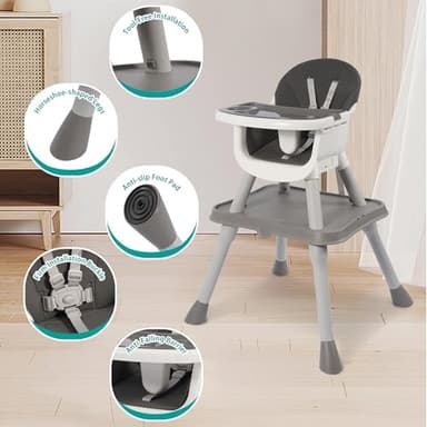 Convertible Baby 6-in-1 High Chair, for Children 6-36 Months with Safety Harness, Removable Tray & PU Cushion, Gray - Image 7