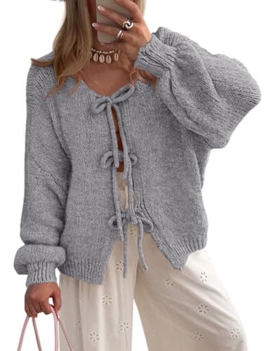 PRETTYGARDEN Women's Tie Front Bow Cardigan Sweaters Chunky Knit Long Puff Sleeve Trendy Fall Winter Jacket Coats (Grey,Small) - Image 1