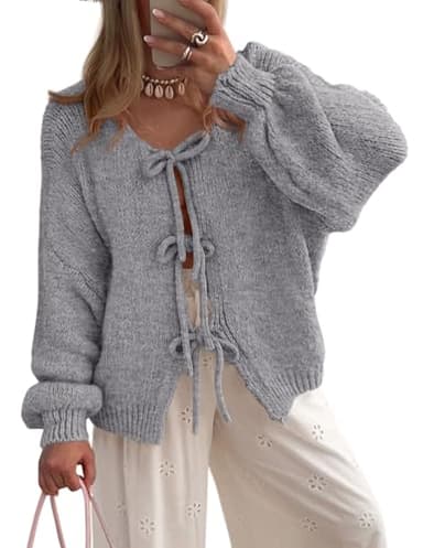 PRETTYGARDEN Women's Tie Front Bow Cardigan Sweaters Chunky Knit Long Puff Sleeve Trendy Fall Winter Jacket Coats (Grey,Small) - Image 1