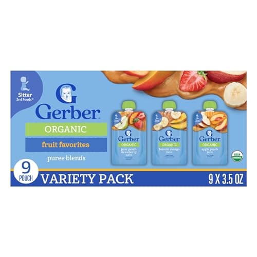 Gerber Stage 2 Baby Food, Organic Fruit Favorites Puree Pouches Variety Pack, No Added Sweetener, Baby Food Pouches, 9-Pack - Image 1