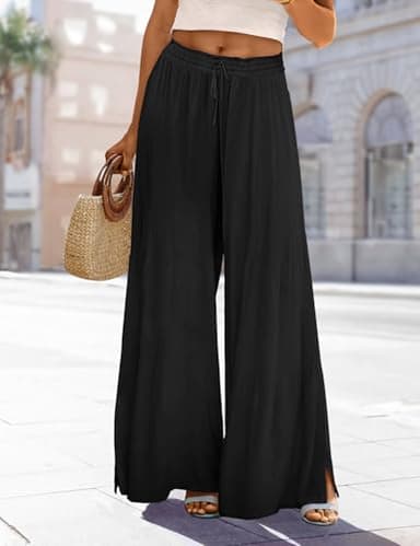 YESNO Women Summer Boho Palazzo Pants High Waist Wide Leg Floral Casual Cotton Lounge Trousers with Pockets M PP0 Solid Black - Image 5