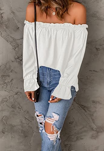 Spriolim Off The Shoulder Tops for Women Long Sleeve Casual Fashion Elegant Ruffle Chiffon Shirts White, Large - Image 2