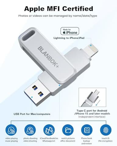 MFi Certified 128GB Photo Stick for iPhone Flash Drive,USB Memory Stick Thumb Drives High Speed USB Stick External Storage Compatible for iPhone/iPad/Android/PC - Image 2