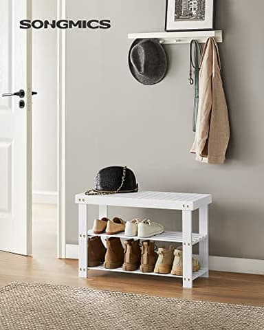 SONGMICS Shoe Rack Bench, 3-Tier Bamboo Shoe Storage Organizer, Entryway Bench, Holds Up to 286 lb, 11.3 x 27.6 x 17.8 Inches, for Entryway Bathroom Bedroom, Cloud White ULBS004W01 - Image 2