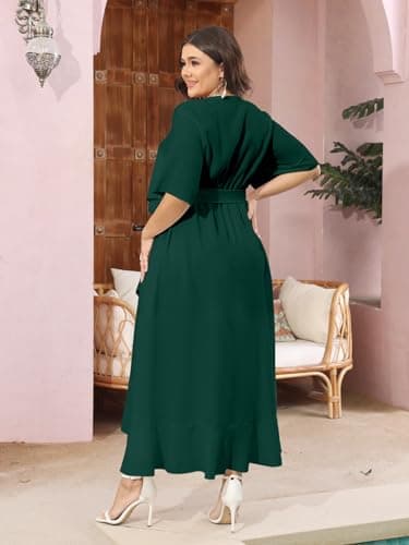 SCOMCHIC Women Plus Size Maxi Dress Short Sleeve Wrap V Neck High Low Split Ruffle Long Dress Emerald Green - Image 7