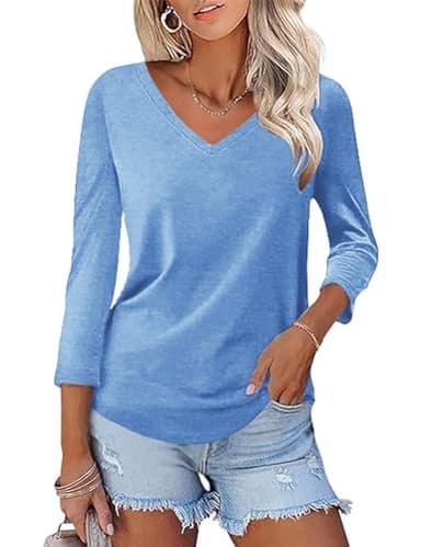 KTILG V Neck Shirts Solid Blue Top Cotton Blouses for Women 3/4 Sleeve Cute Tees Basic Tunic Tops Spring Fashion XXL - Image 1