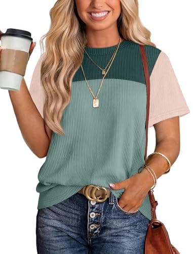 WIHOLL Ladies Tops and Blouses Color Block Ribbed Shirts Going Out Tops for Women Crewneck Womens Spring Fashion 2025 Green 2XL - Image 1