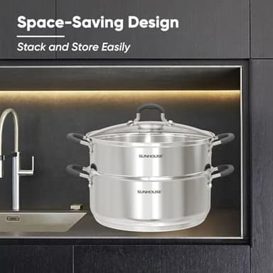 SUNHOUSE - 5.5 Quart Steamer Pots With Lid 2-Tier Multipurpose Stainless Steel Steaming Pot Cookware With Handle For Vegetable, Dumpling, Sauce, Food - Triple Bottom, Measurement Line - Image 8