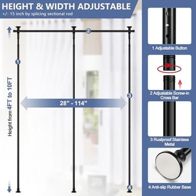 Room Divider, No Drilling Curtain Rod for Room Separation, 4-10ft (H) 28-114inch(W) Adjustable Heavy Duty Floor to Ceiling Tension Rod Wall Dividers Temporary Privacy Separator Window Rods Matte Black - Image 2