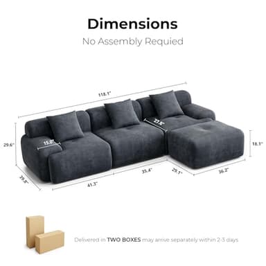 LIKIMIO 118" Modern L-Shaped Modular Sectional Sofa for Living Room, Corduroy Upholstery Charcoal Blue, Oversized 3-Seater Couch with Deep Seat and Movable Ottoman – No Assembly - Image 2