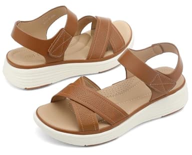 UBFEN Womens Platform Sandals Comfortable Lightweight Walking Ankle Strap Casual Low Wedge Sandals Ab Brown Women US 9 - Image 2